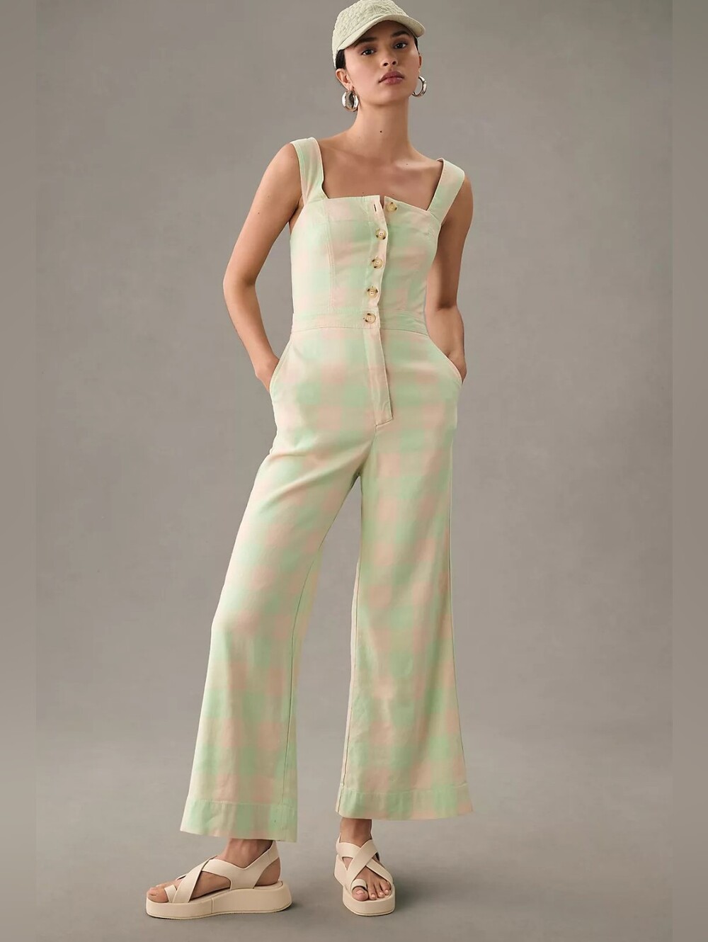 Anthropologie Maeve The Colette Portside Button-Front Jumpsuit Green Linen Sz 0